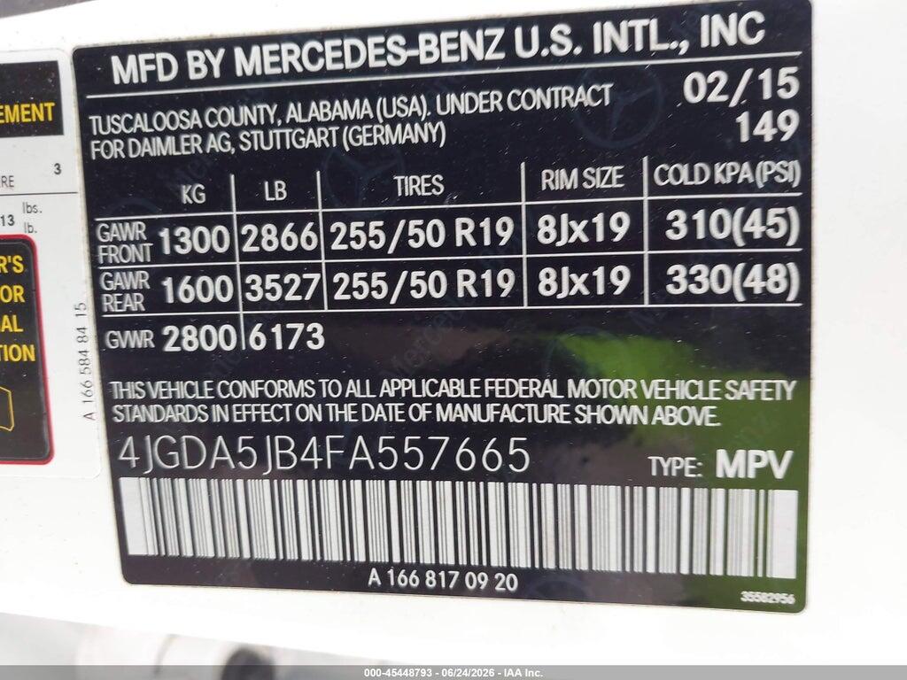 4JGDA5JB4FA557665 2015 MERCEDES-BENZ ML 350 photo no. 9