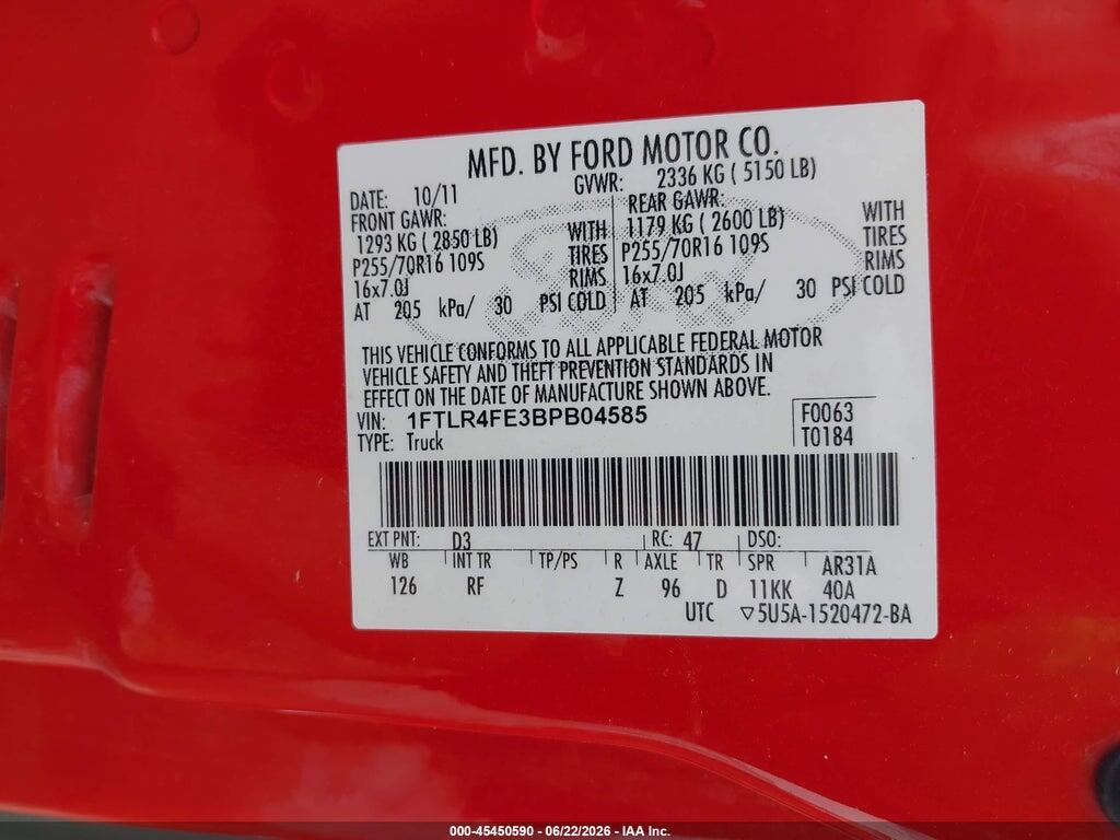 1FTLR4FE3BPB04585 2011 FORD RANGER photo no. 9