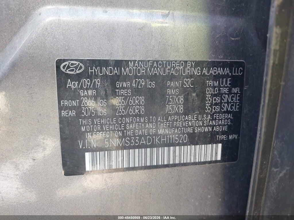5NMS33AD1KH111520 2019 HYUNDAI SANTA FE photo no. 9