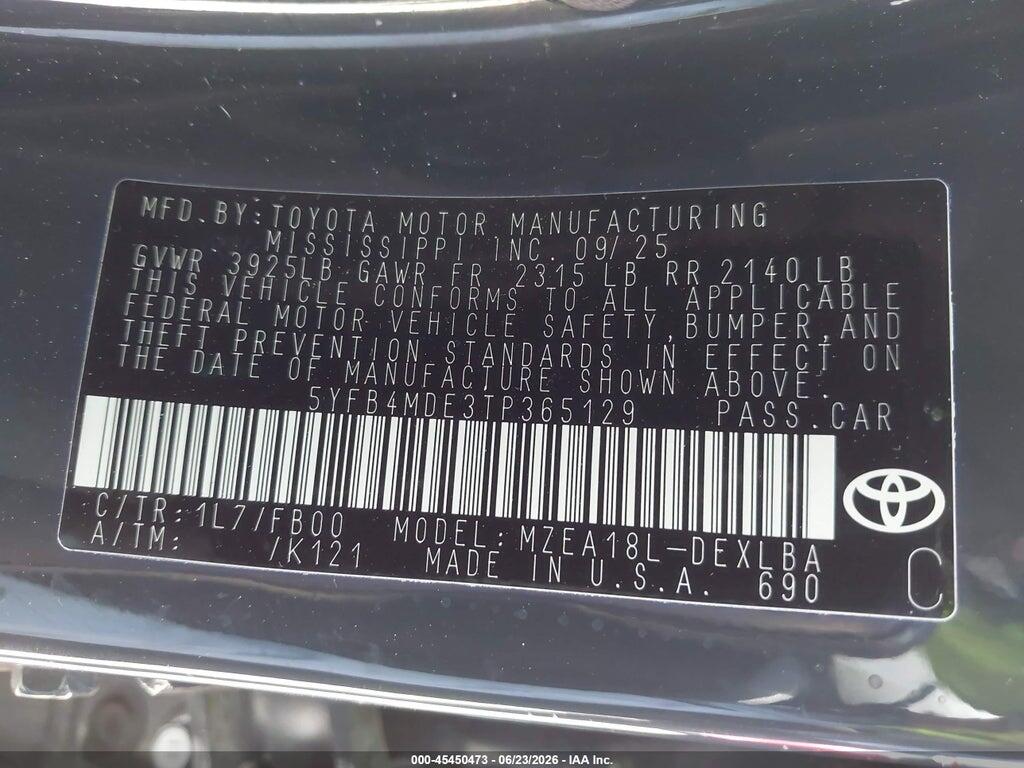 5YFB4MDE3TP365129 2026 TOYOTA COROLLA photo no. 9