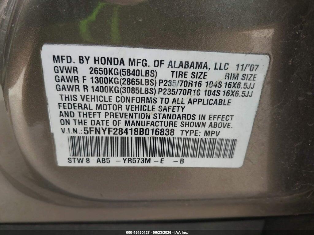 5FNYF28418B016838 2008 HONDA PILOT photo no. 9
