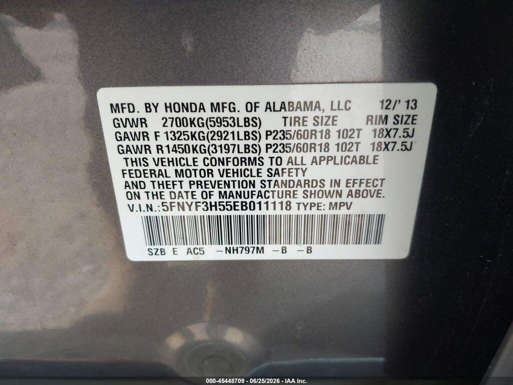 5FNYF3H55EB011118 2014 HONDA PILOT photo no. 9