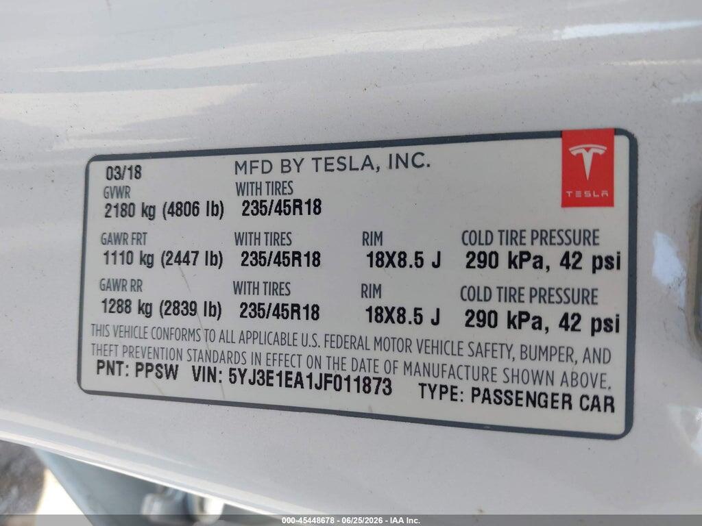 5YJ3E1EA1JF011873 2018 TESLA MODEL 3 photo no. 9