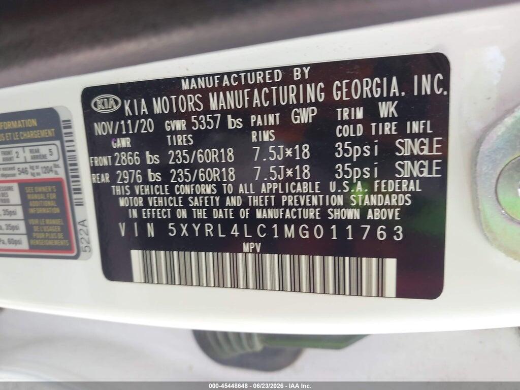 5XYRL4LC1MG011763 2021 KIA SORENTO photo no. 9