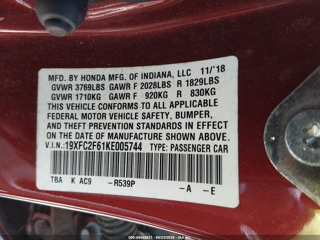 19XFC2F61KE005744 2019 HONDA CIVIC photo no. 9