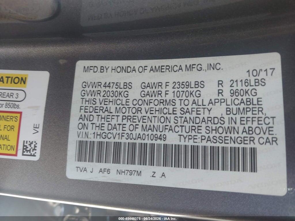 1HGCV1F30JA010949 2018 HONDA ACCORD photo no. 9