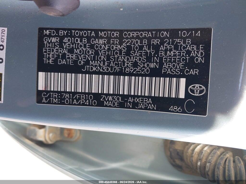 JTDKN3DU7F1892520 2015 TOYOTA PRIUS photo no. 9