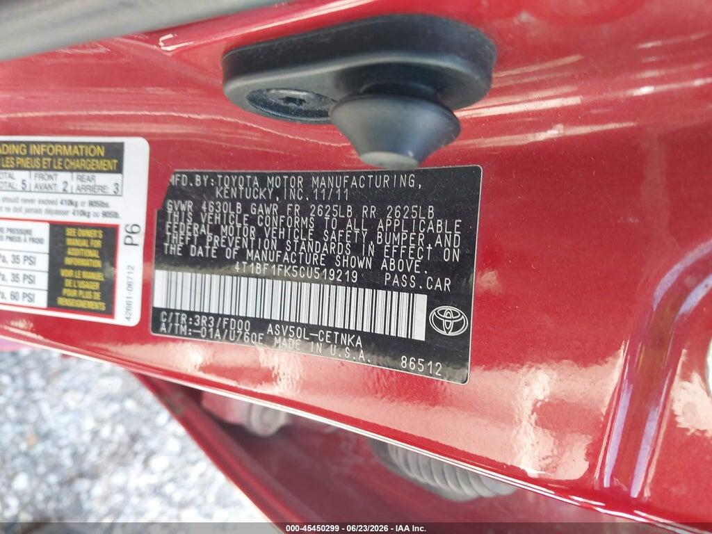 4T1BF1FK5CU519219 2012 TOYOTA CAMRY photo no. 9