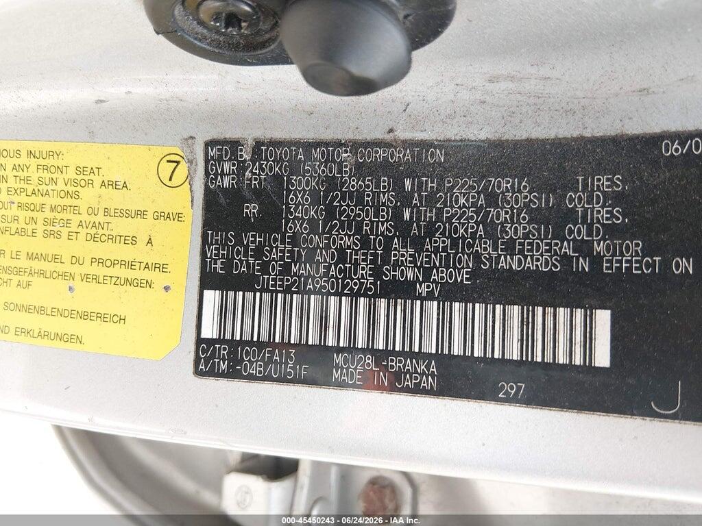 JTEEP21A950129751 2005 TOYOTA HIGHLANDER photo no. 9