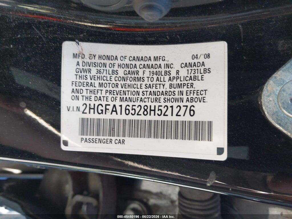 2HGFA16528H521276 2008 HONDA CIVIC photo no. 9