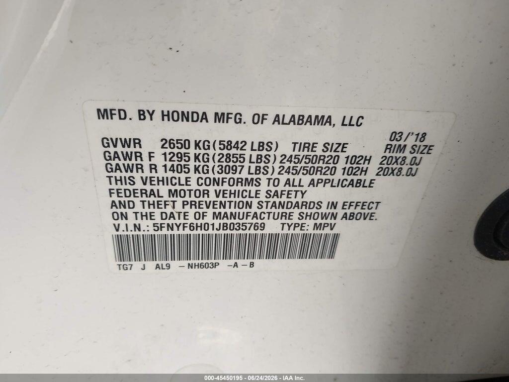 5FNYF6H01JB035769 2018 HONDA PILOT photo no. 9
