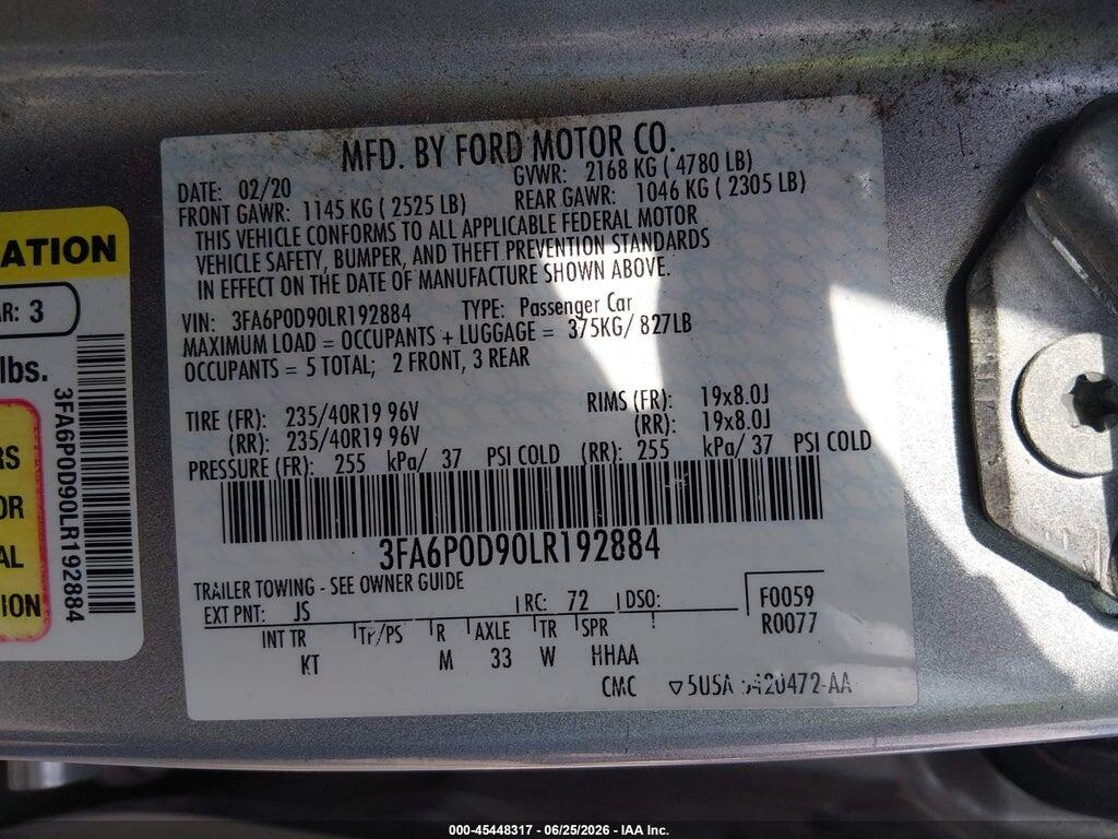 3FA6P0D90LR192884 2020 FORD FUSION photo no. 9