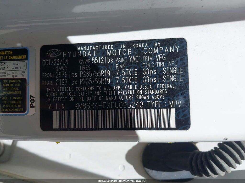 KM8SR4HFXFU095243 2015 HYUNDAI SANTA FE photo no. 9