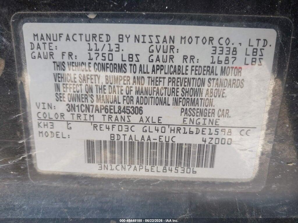 3N1CN7AP6EL845306 2014 NISSAN VERSA photo no. 9