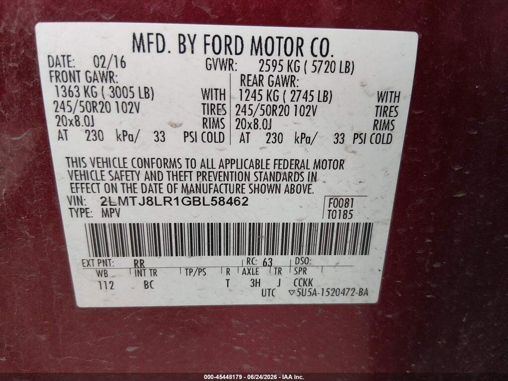2LMTJ8LR1GBL58462 2016 LINCOLN MKX photo no. 9