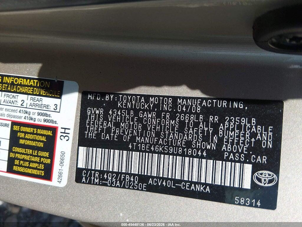 4T1BE46K59U818044 2009 TOYOTA CAMRY photo no. 9