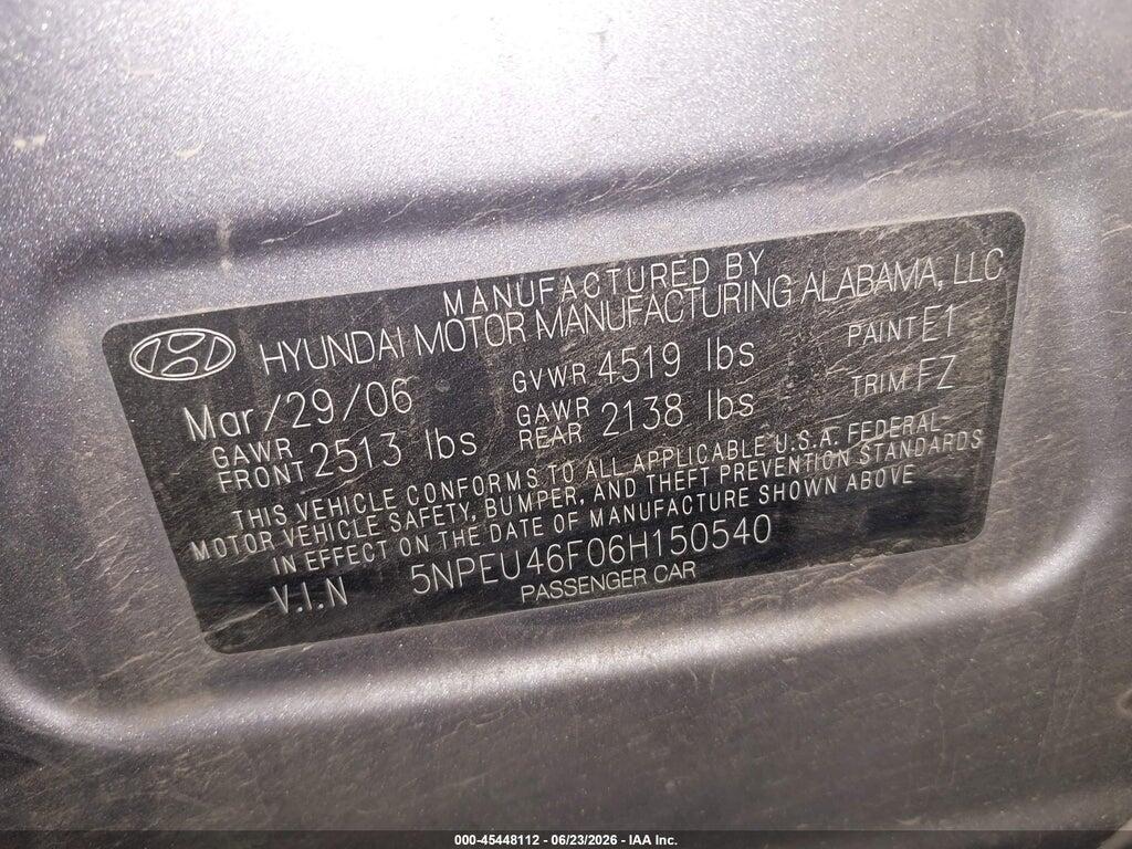 5NPEU46F06H150540 2006 HYUNDAI SONATA photo no. 9