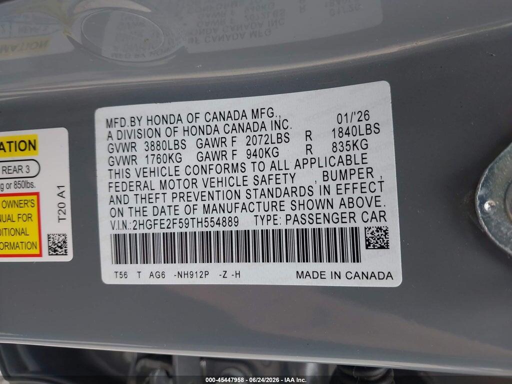 2HGFE2F59TH554889 2026 HONDA CIVIC photo no. 9