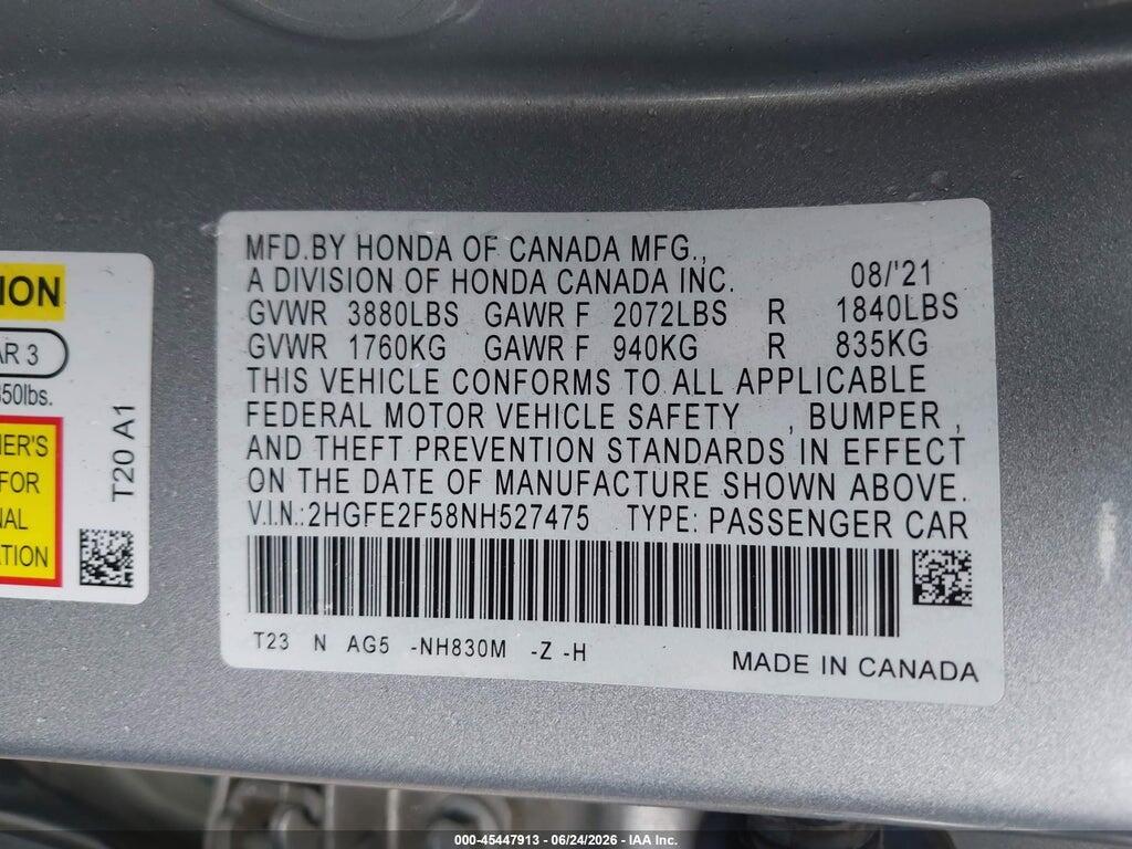 2HGFE2F58NH527475 2022 HONDA CIVIC photo no. 9