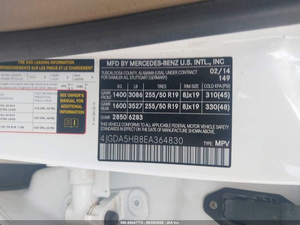 4JGDA5HB8EA364830 2014 MERCEDES-BENZ ML 350 photo no. 9