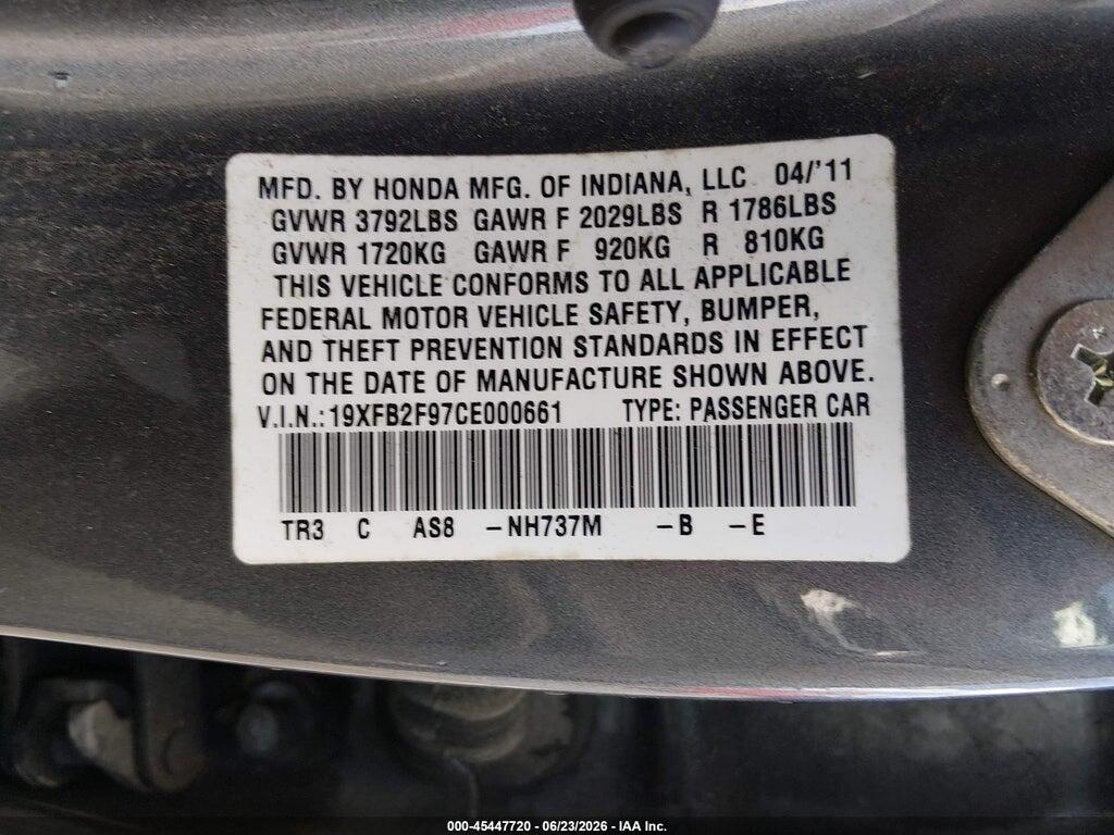 19XFB2F97CE000661 2012 HONDA CIVIC photo no. 9