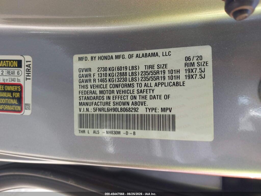 5FNRL6H90LB068292 2020 HONDA ODYSSEY photo no. 9