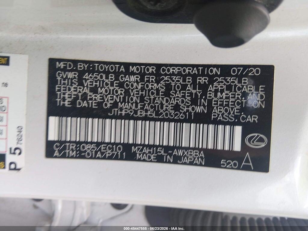 JTHP9JBH5L2032611 2020 LEXUS UX 250H photo no. 9