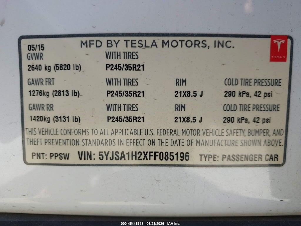 5YJSA1H2XFF085196 2015 TESLA MODEL S photo no. 9