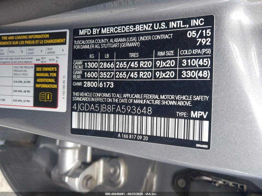 4JGDA5JB8FA593648 2015 MERCEDES-BENZ ML 350 photo no. 9