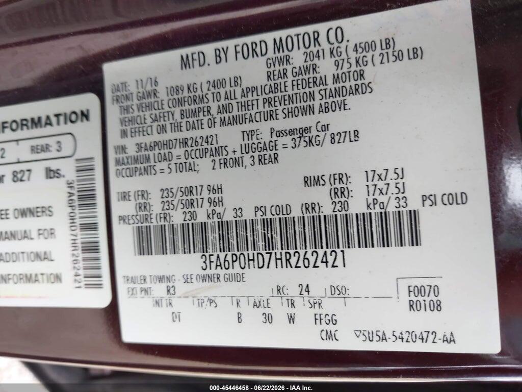 3FA6P0HD7HR262421 2017 FORD FUSION photo no. 9