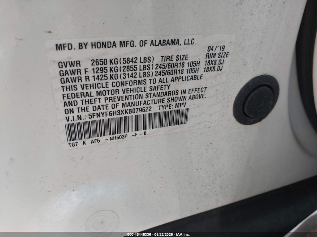 5FNYF6H3XKB079622 2019 HONDA PILOT photo no. 9