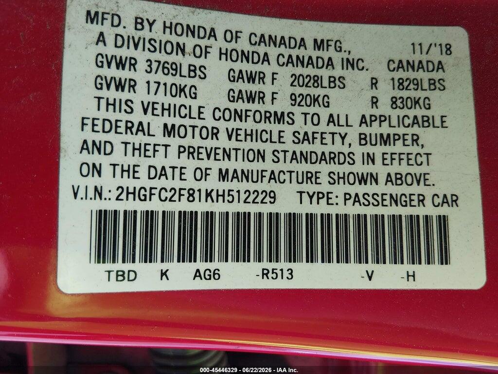 2HGFC2F81KH512229 2019 HONDA CIVIC photo no. 9