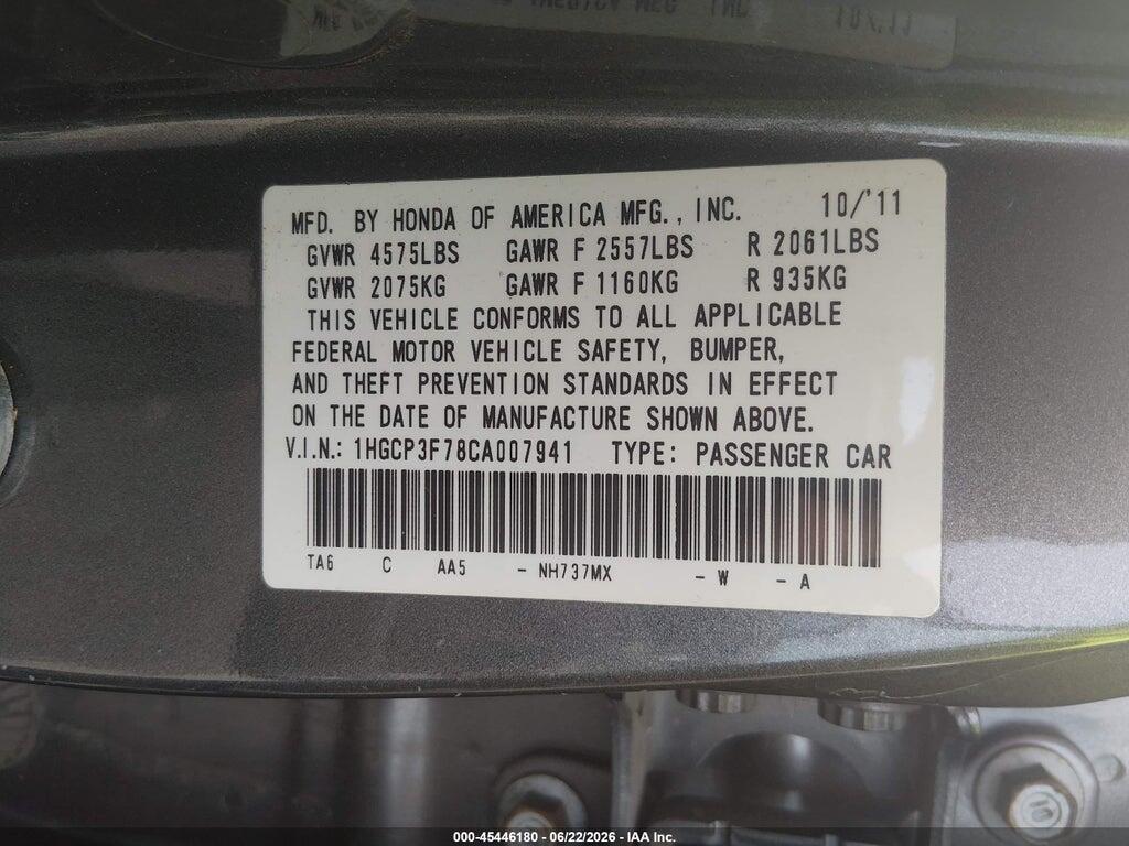 1HGCP3F78CA007941 2012 HONDA ACCORD photo no. 9