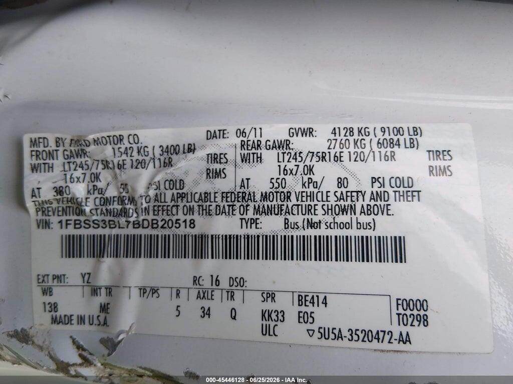 1FBSS3BL7BDB20518 2011 FORD E-350 SUPER DUTY photo no. 9