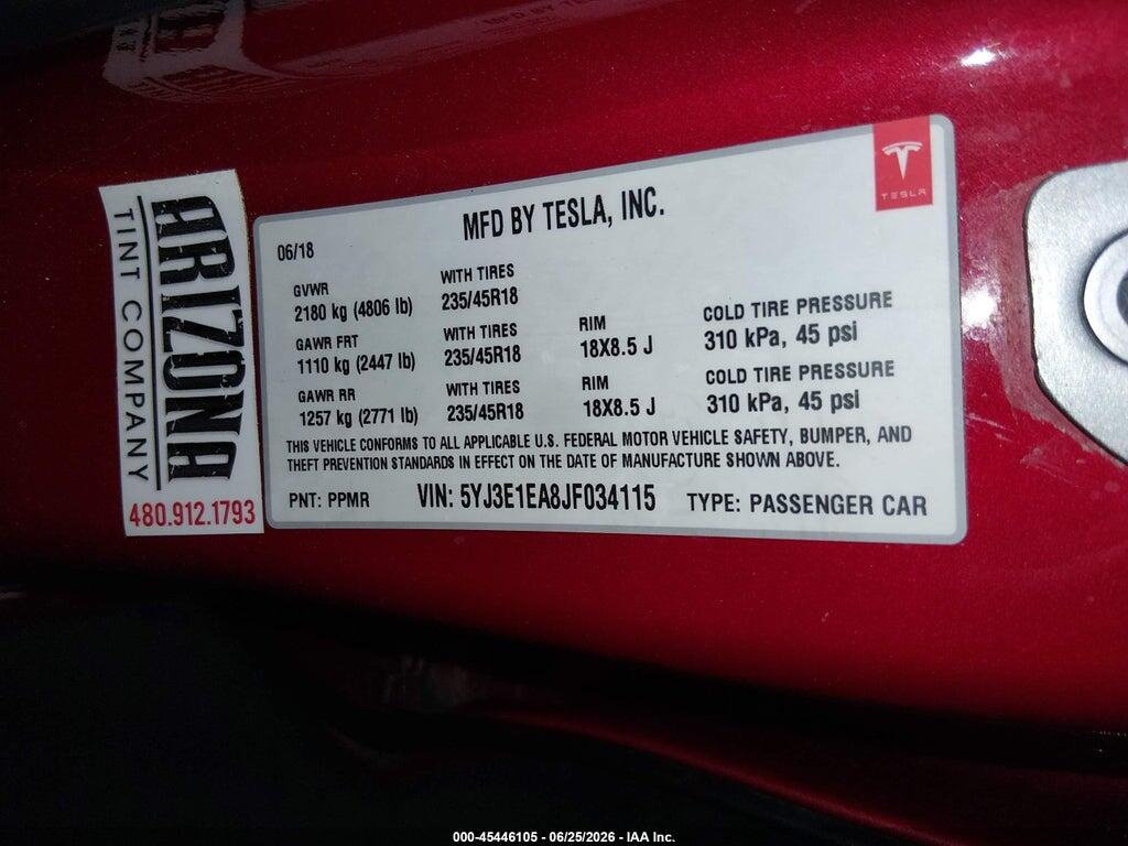 5YJ3E1EA8JF034115 2018 TESLA MODEL 3 photo no. 9