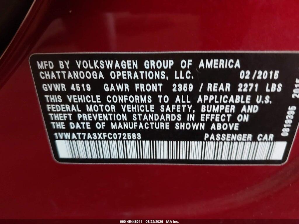 1VWAT7A3XFC072583 2015 VOLKSWAGEN PASSAT photo no. 9
