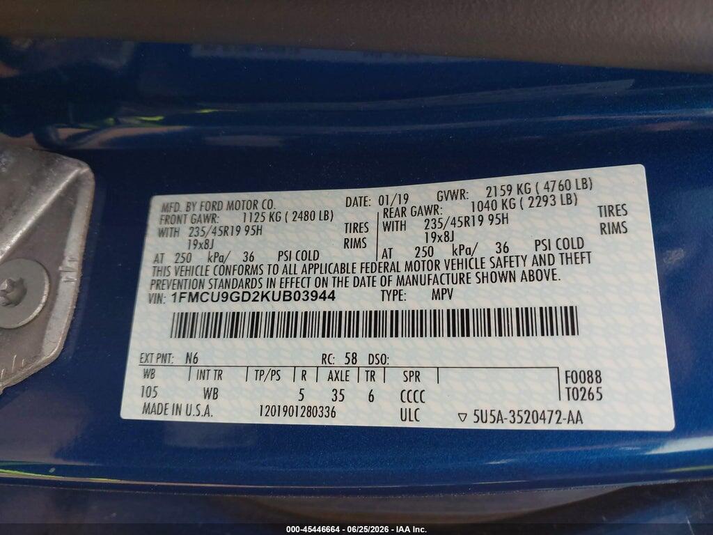 1FMCU9GD2KUB03944 2019 FORD ESCAPE photo no. 9
