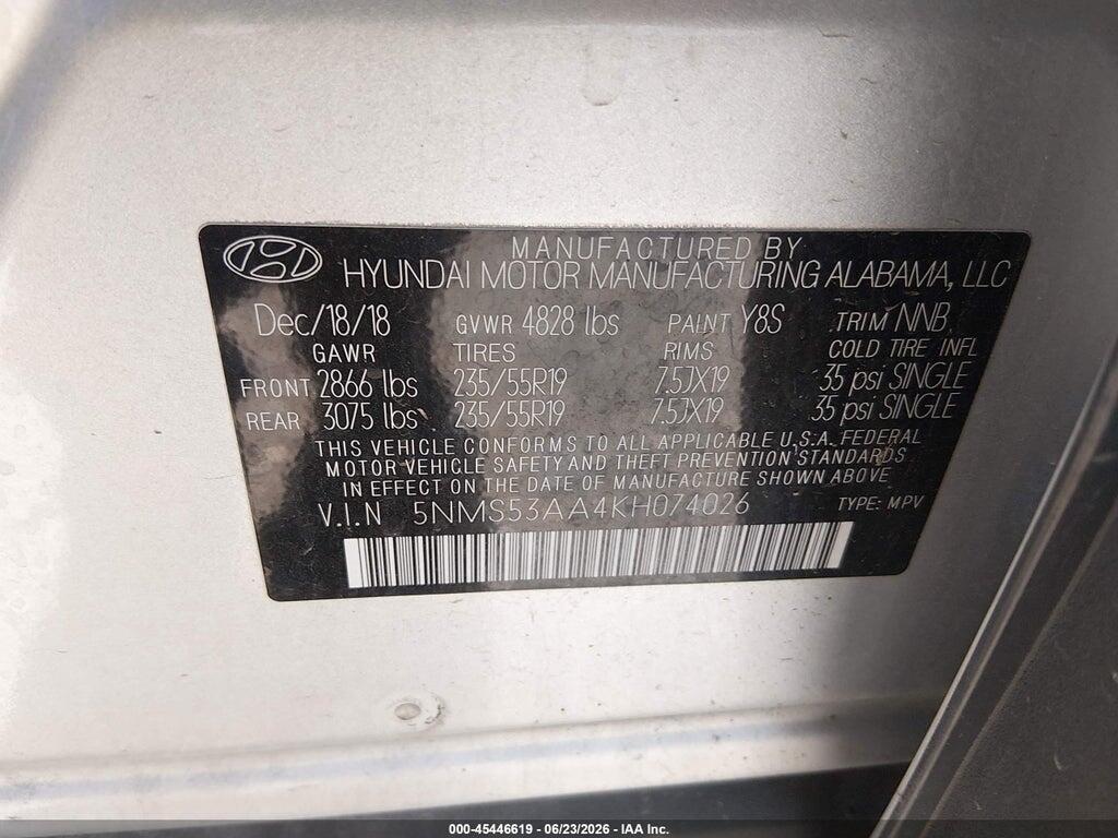 5NMS53AA4KH074026 2019 HYUNDAI SANTA FE photo no. 9