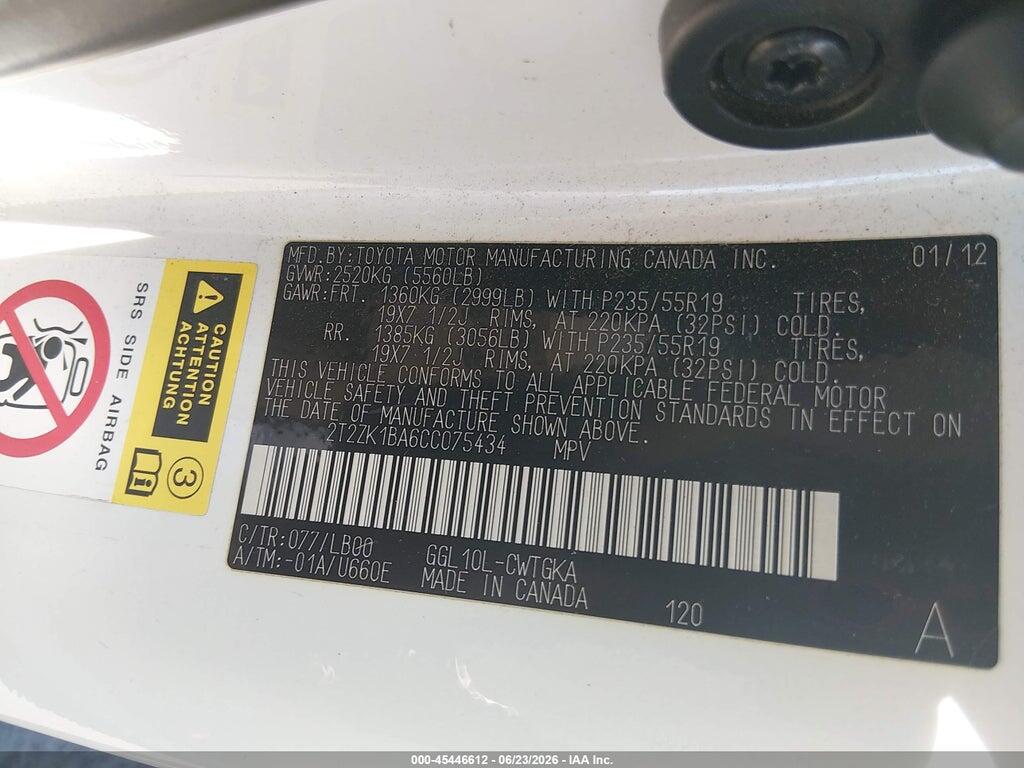 2T2ZK1BA6CC075434 2012 LEXUS RX 350 photo no. 9
