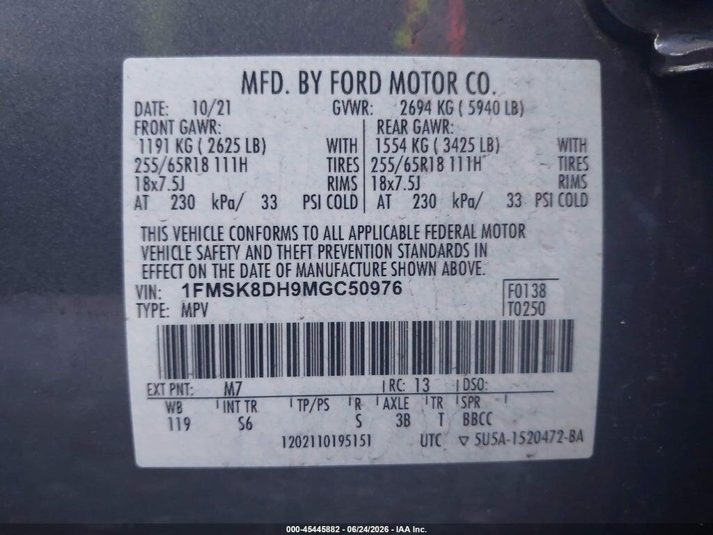 1FMSK8DH9MGC50976 2021 FORD EXPLORER photo no. 9