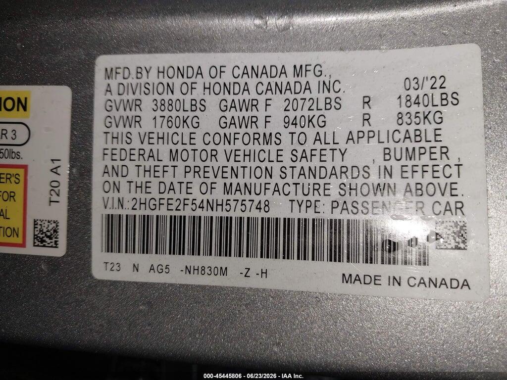 2HGFE2F54NH575748 2022 HONDA CIVIC photo no. 9