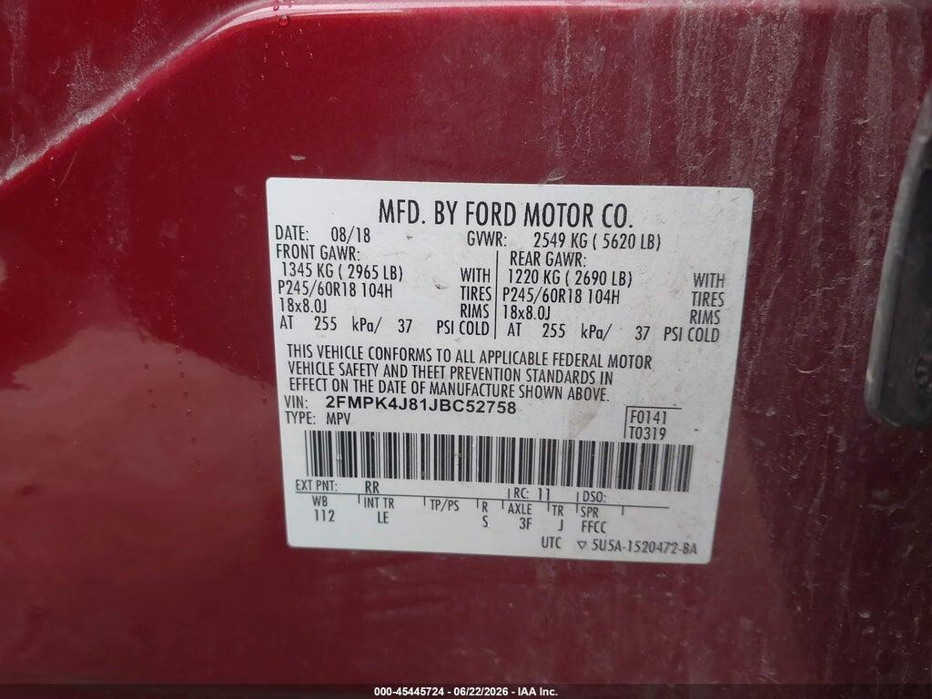 2FMPK4J81JBC52758 2018 FORD EDGE photo no. 9