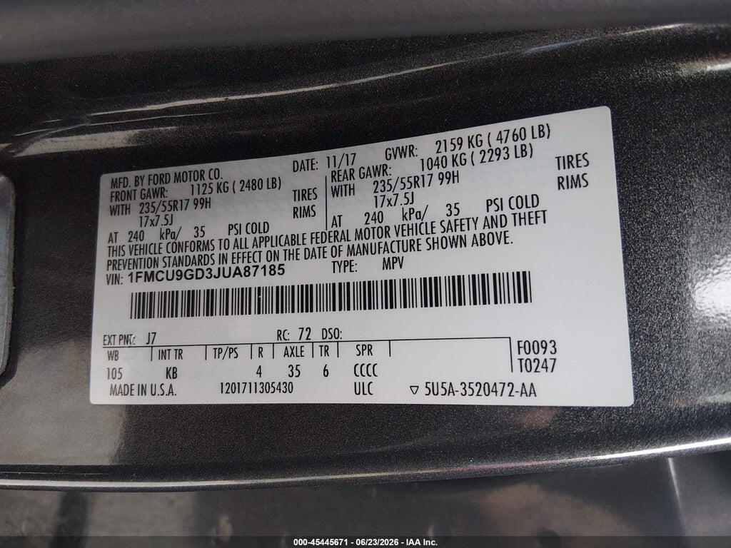 1FMCU9GD3JUA87185 2018 FORD ESCAPE photo no. 9