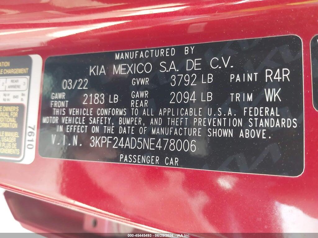 3KPF24AD5NE478006 2022 KIA FORTE photo no. 9