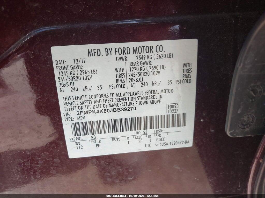 2FMPK4K80JBB39270 2018 FORD EDGE photo no. 9