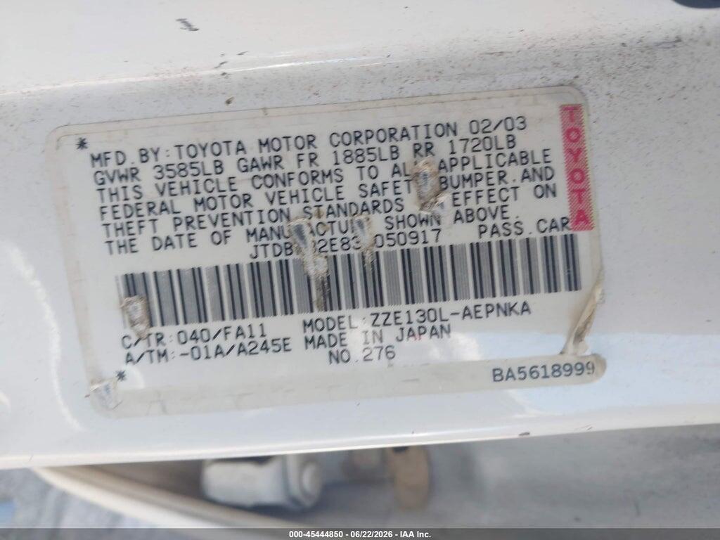 JTDBR32E830050917 2003 TOYOTA COROLLA photo no. 9