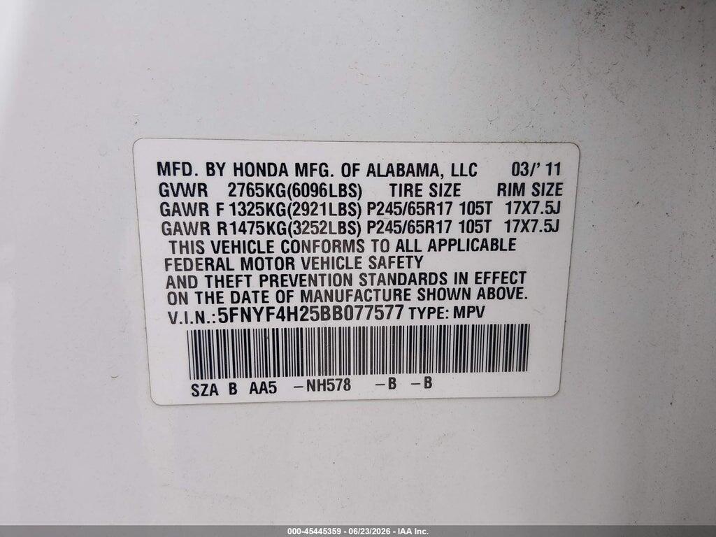 5FNYF4H25BB077577 2011 HONDA PILOT photo no. 9