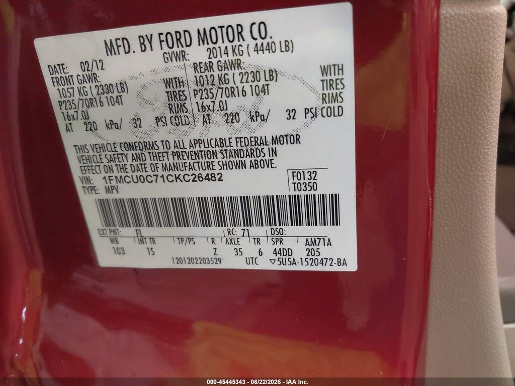 1FMCU0C71CKC26482 2012 FORD ESCAPE photo no. 9