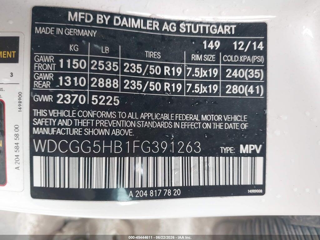 WDCGG5HB1FG391263 2015 MERCEDES-BENZ GLK 350 photo no. 9
