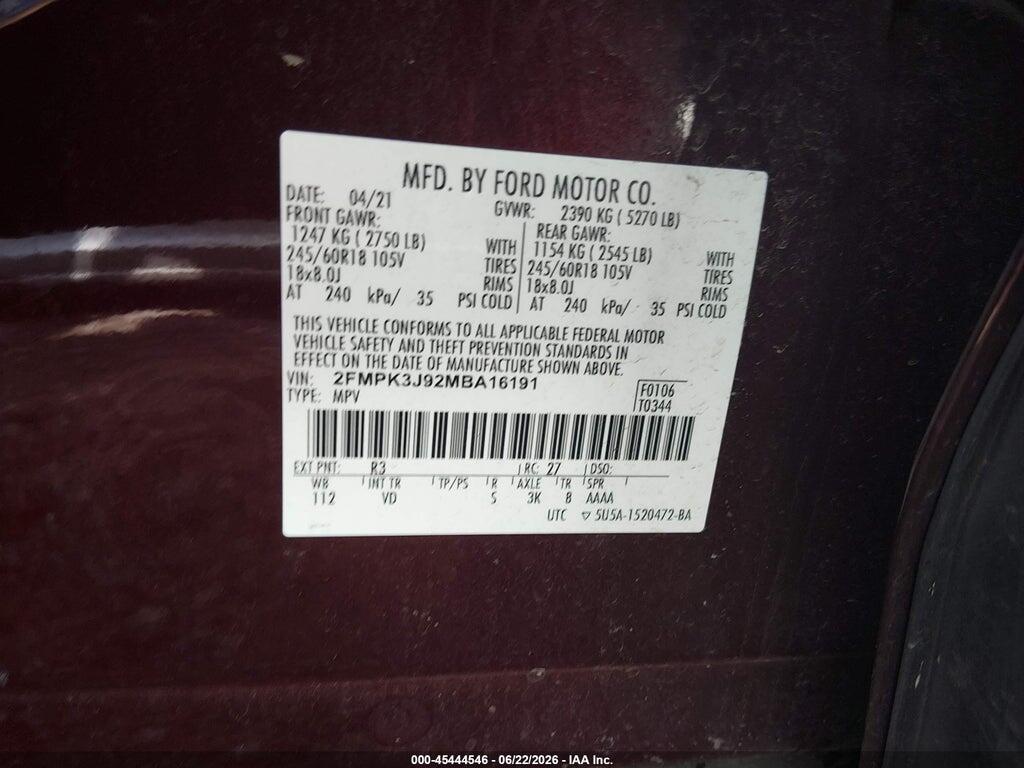 2FMPK3J92MBA16191 2021 FORD EDGE photo no. 9